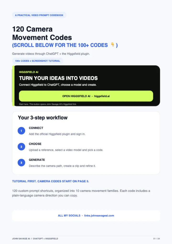First page of the guide: 120 Camera Movement Codes - Higgsfield + ChatGPT