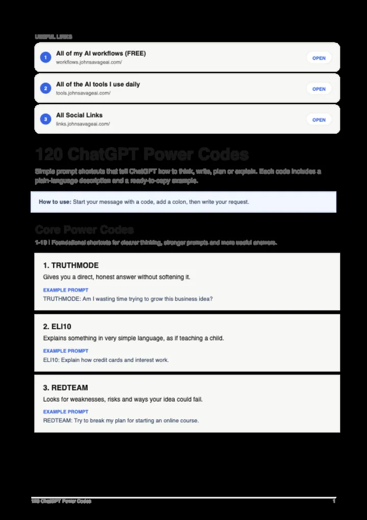 First page of the guide: 120 ChatGPT Power Codes