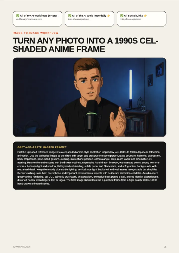 First page of the guide: 1990s Cel-Shaded Anime Photo Workflow