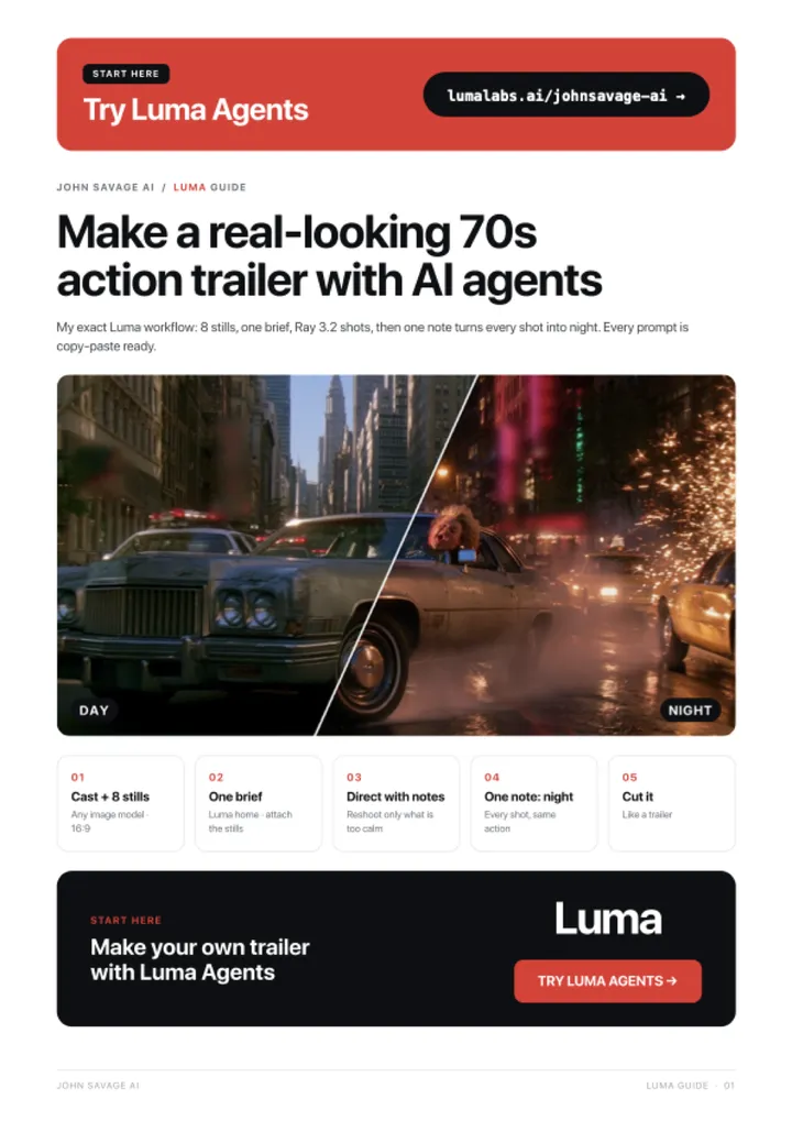 First page of the guide: Make a 1970s Action Trailer with Luma Agents