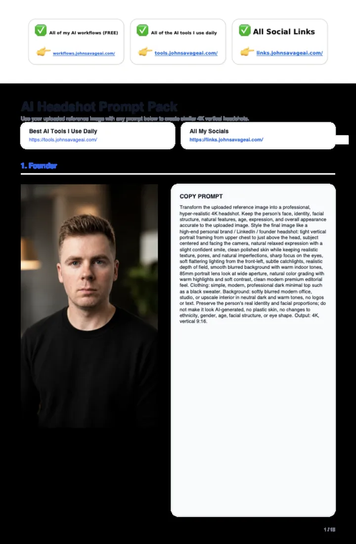 First page of the guide: AI Headshot Prompt Pack