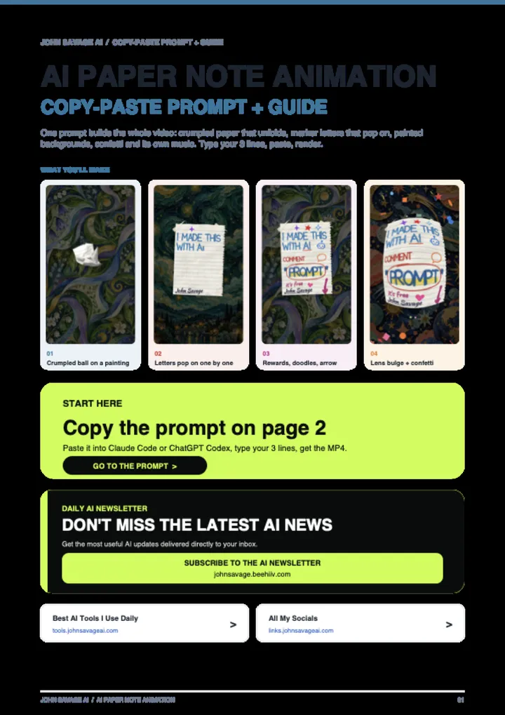 First page of the guide: AI Paper Note Animation Workflow