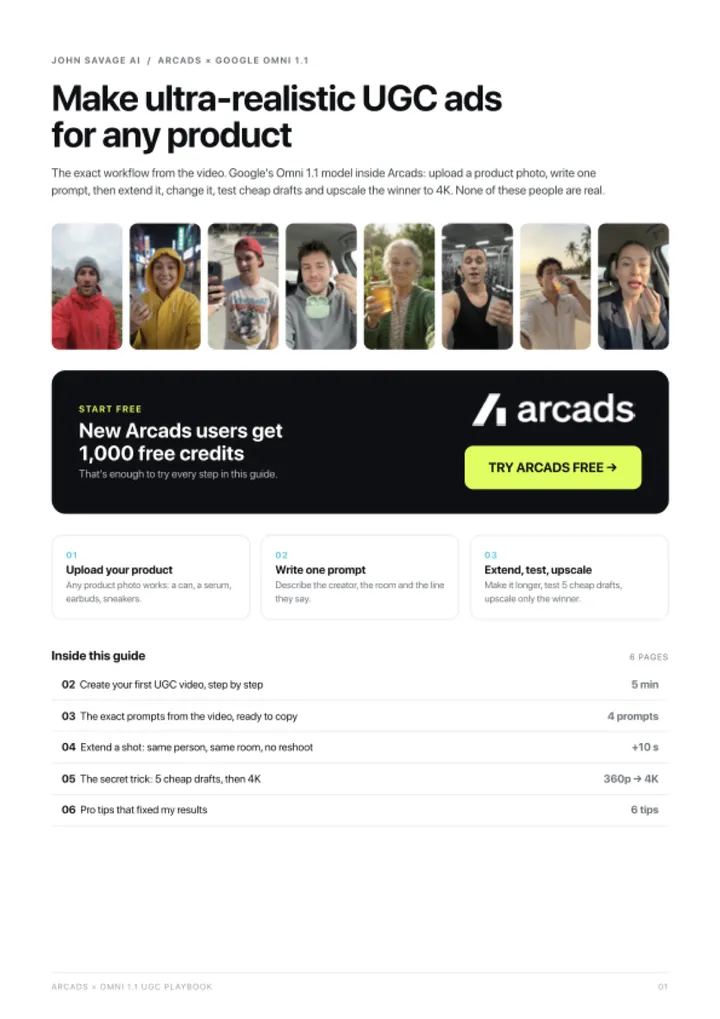 First page of the guide: Arcads Omni 1.1 UGC Playbook