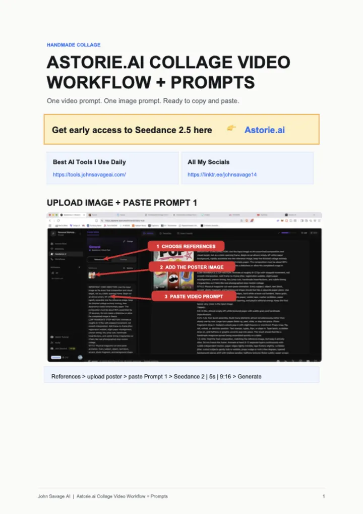 First page of the guide: Astorie.ai Collage Video Workflow