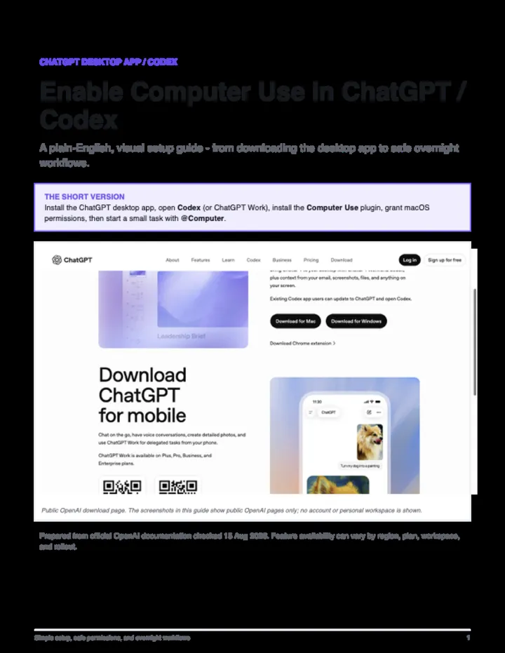 First page of the guide: Computer Use in ChatGPT / Codex Guide