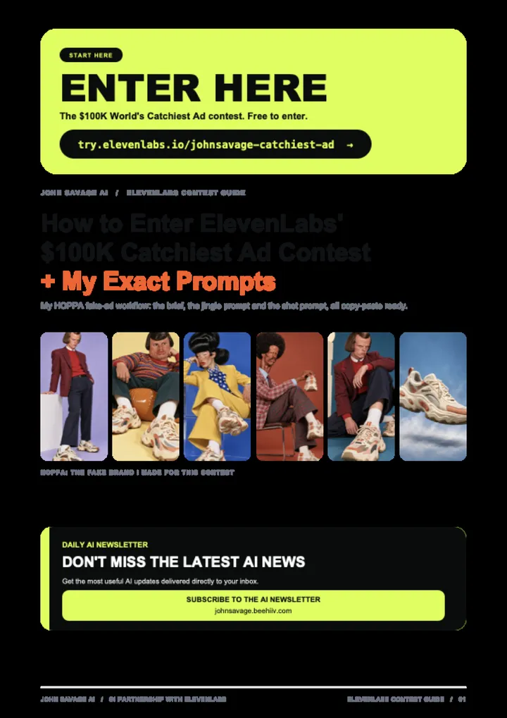 First page of the guide: How to Enter ElevenLabs' $100K Catchiest Ad Contest
