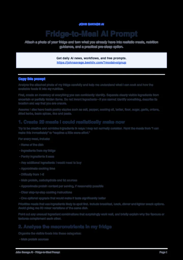 First page of the guide: Fridge-to-Meal AI Prompt