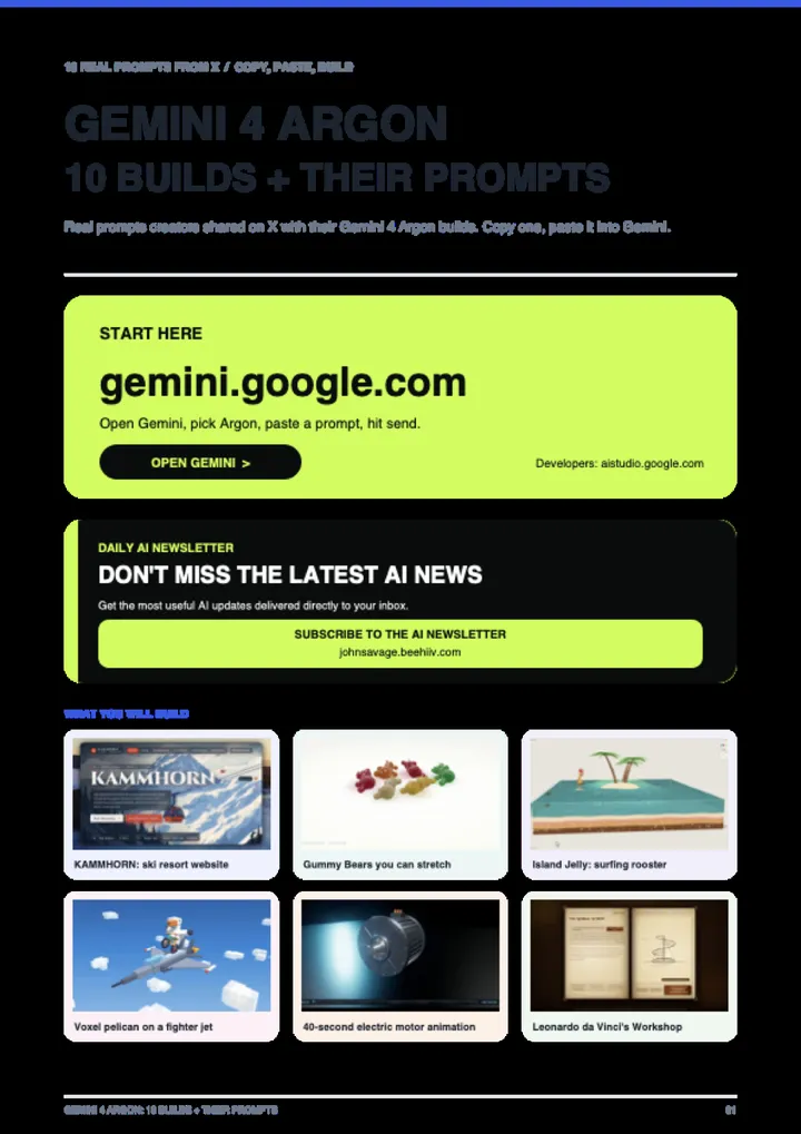 First page of the guide: Gemini 4 Argon: 10 Builds + Prompts