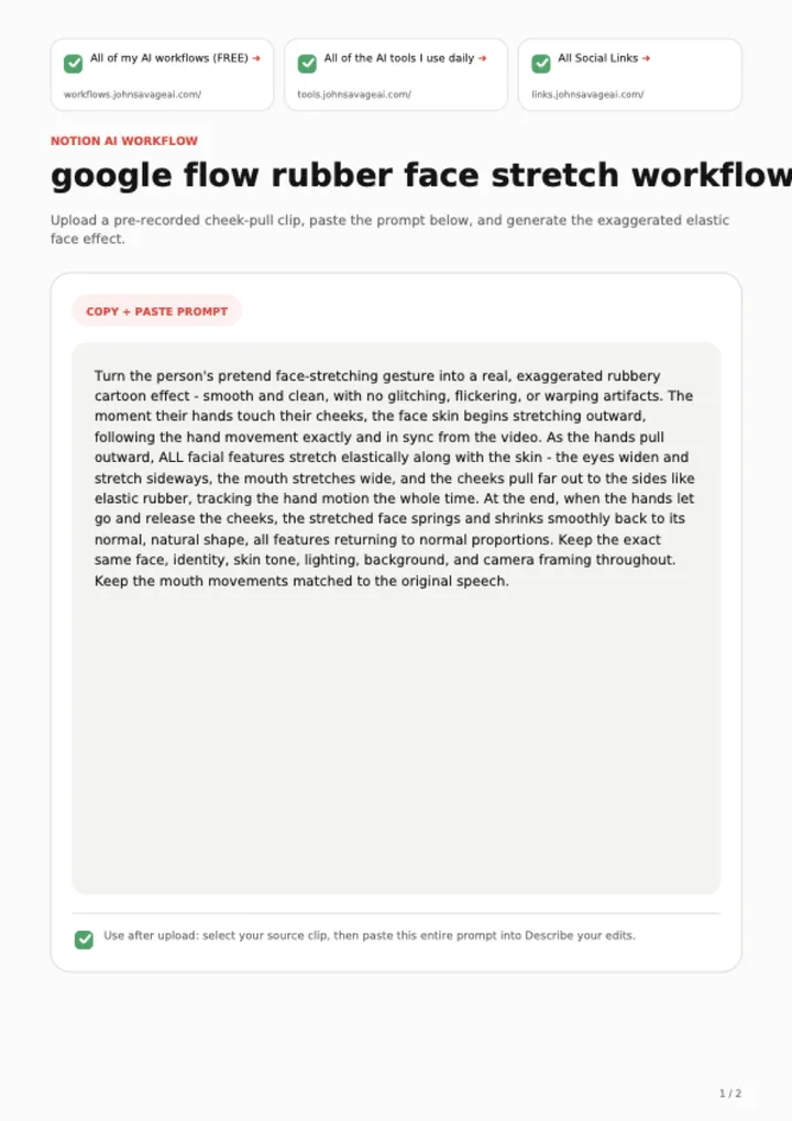 First page of the guide: Google Flow Rubber Face Stretch Workflow