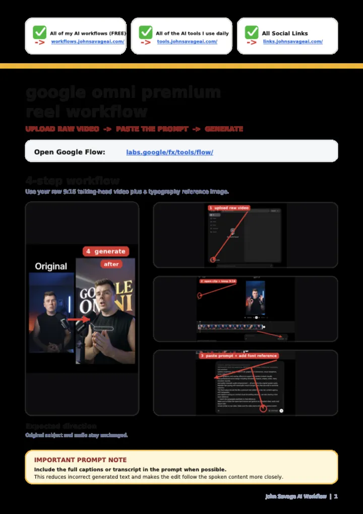 First page of the guide: Google Omni Premium Reel Workflow V2
