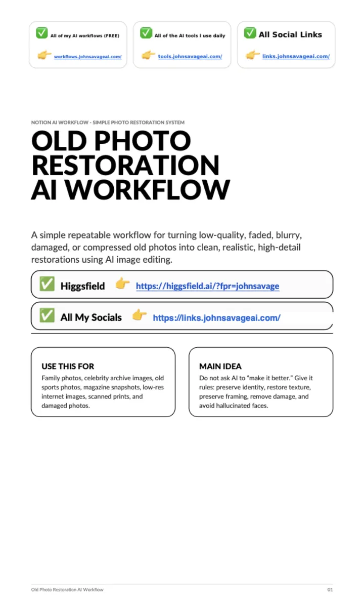 First page of the guide: Old Photo Restoration AI Workflow