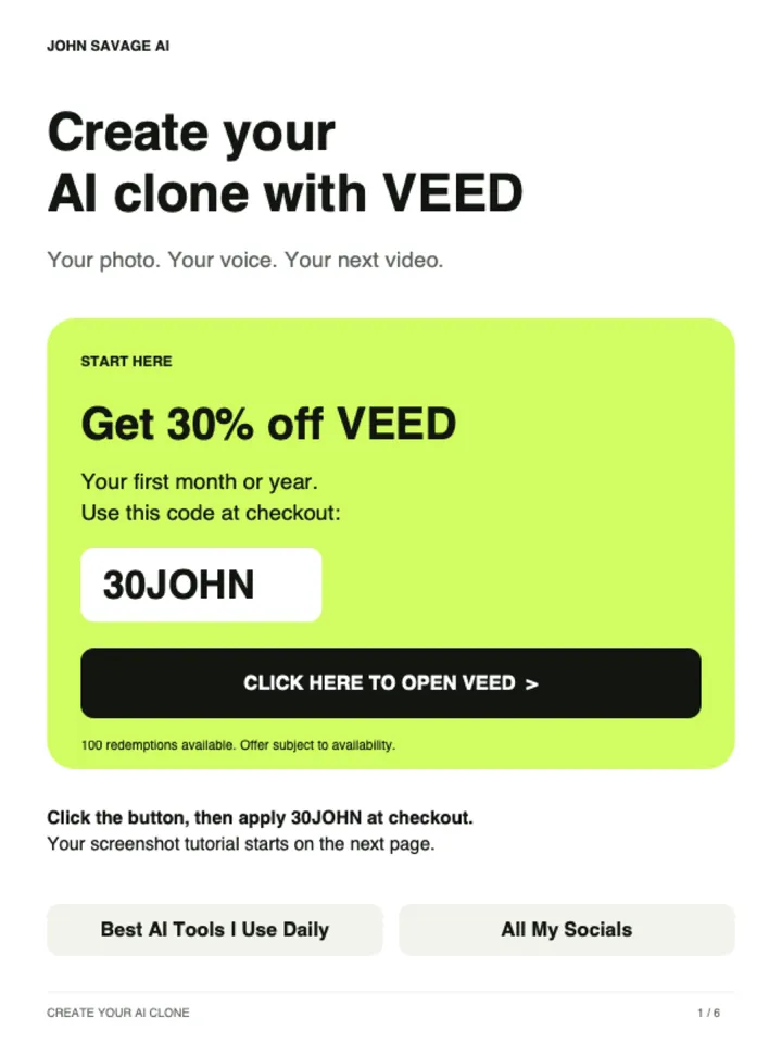 First page of the guide: Create Your AI Clone with VEED