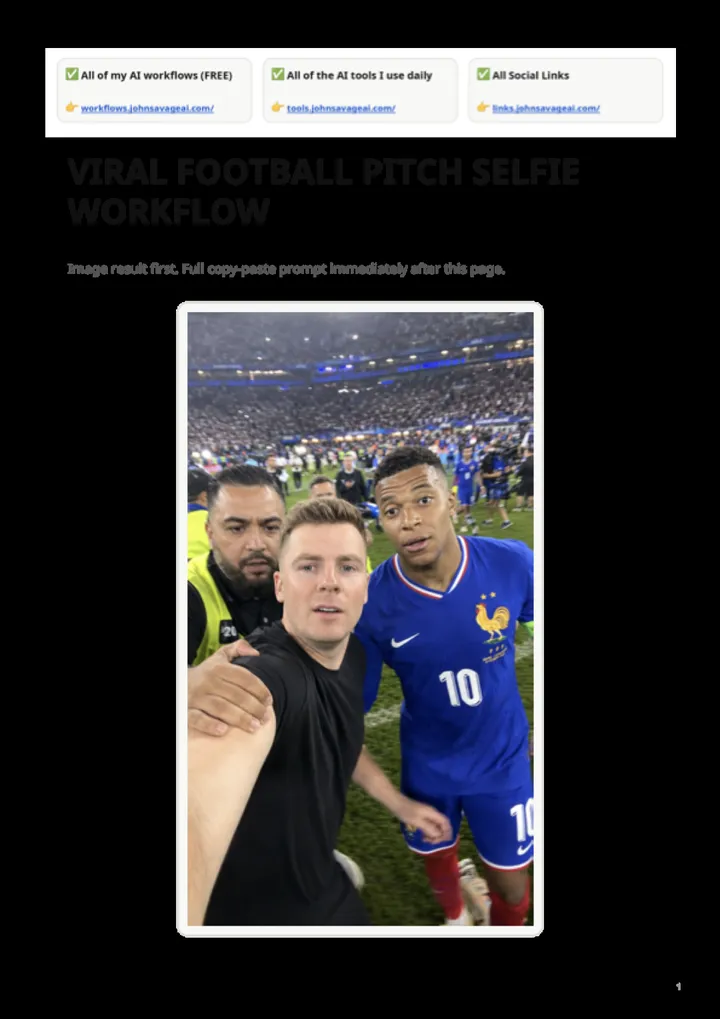 First page of the guide: Viral Football Pitch Selfie Workflow
